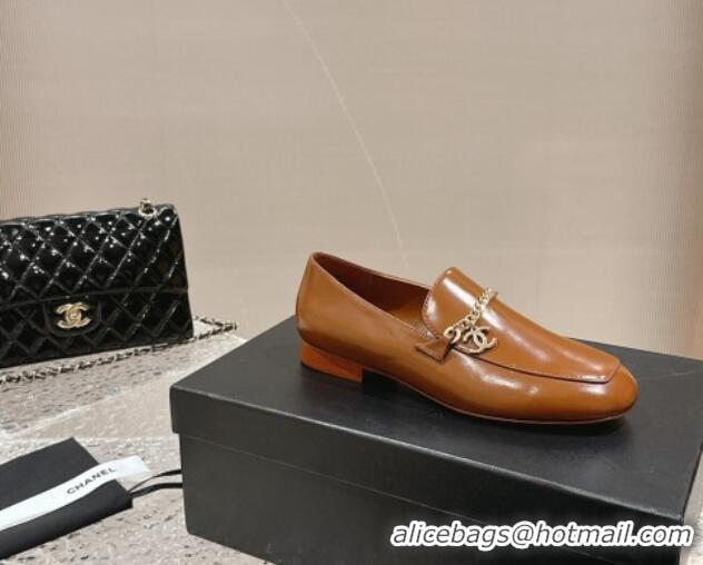 Good Quality Chanel Shiny Calfskin Loafers with Chain CC Brown 424195