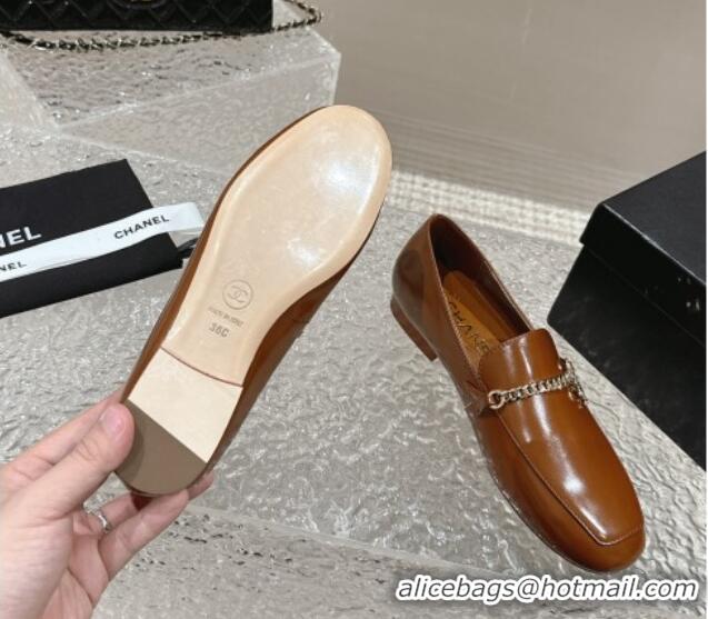 Good Quality Chanel Shiny Calfskin Loafers with Chain CC Brown 424195