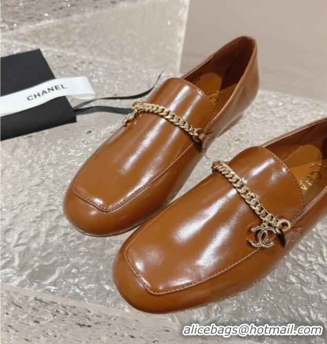 Good Quality Chanel Shiny Calfskin Loafers with Chain CC Brown 424195