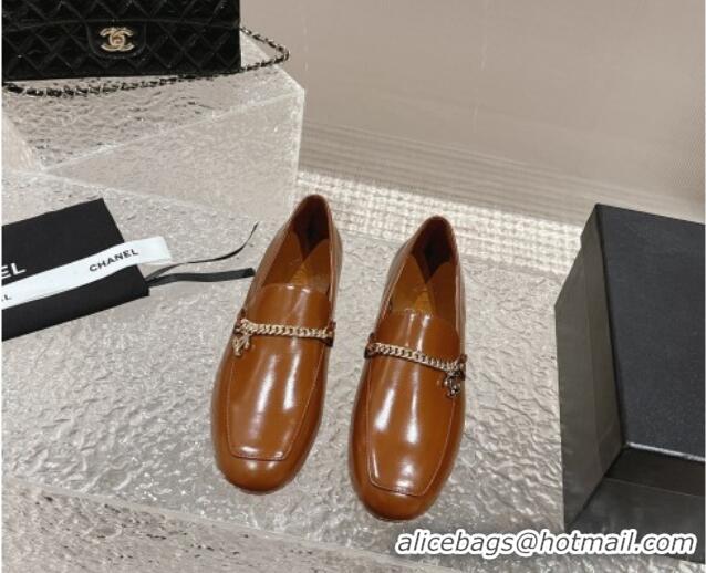 Good Quality Chanel Shiny Calfskin Loafers with Chain CC Brown 424195