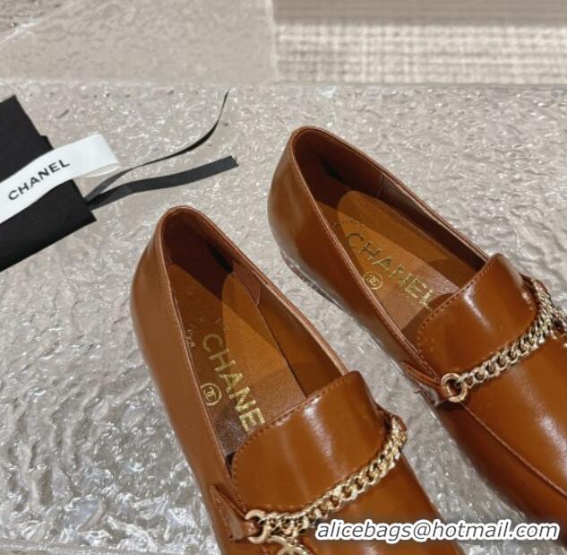 Good Quality Chanel Shiny Calfskin Loafers with Chain CC Brown 424195