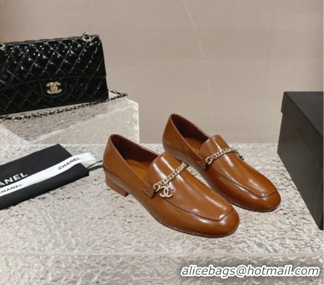 Good Quality Chanel Shiny Calfskin Loafers with Chain CC Brown 424195