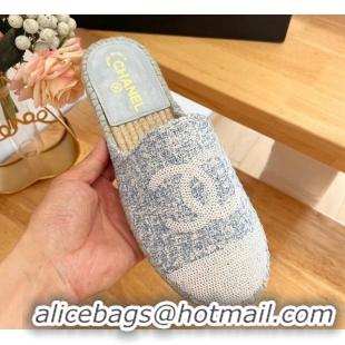 Unique Style Chanel Tweed & Sequins Espadrilles Flat Mules G45602 Light Blue 424196