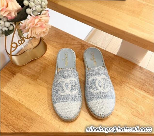 Unique Style Chanel Tweed & Sequins Espadrilles Flat Mules G45602 Light Blue 424196