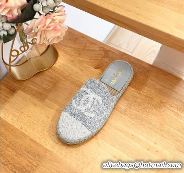 Unique Style Chanel Tweed & Sequins Espadrilles Flat Mules G45602 Light Blue 424196