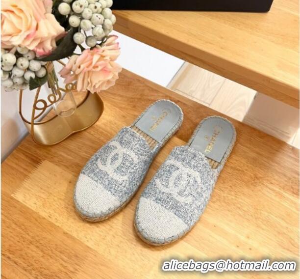 Unique Style Chanel Tweed & Sequins Espadrilles Flat Mules G45602 Light Blue 424196