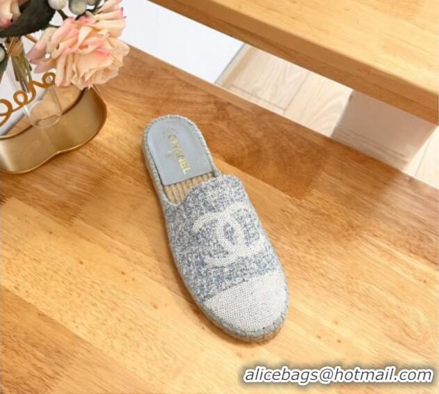 Unique Style Chanel Tweed & Sequins Espadrilles Flat Mules G45602 Light Blue 424196