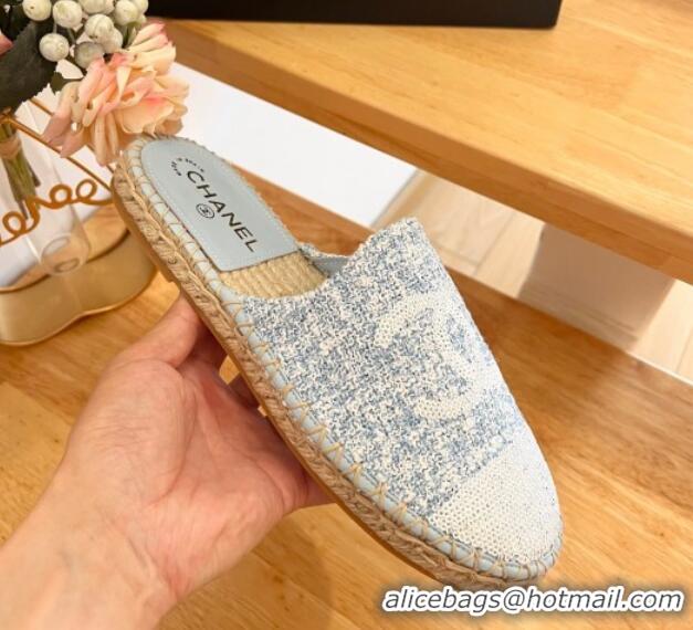 Unique Style Chanel Tweed & Sequins Espadrilles Flat Mules G45602 Light Blue 424196