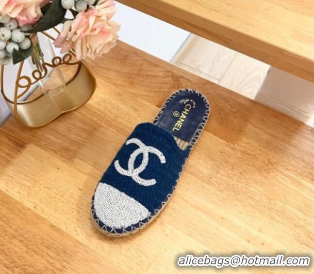 Youthful Chanel Tweed & Sequins Espadrilles Flat Mules G45602 Dark Blue 424197