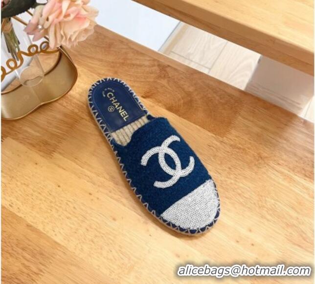 Youthful Chanel Tweed & Sequins Espadrilles Flat Mules G45602 Dark Blue 424197