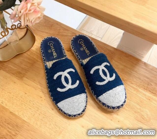 Youthful Chanel Tweed & Sequins Espadrilles Flat Mules G45602 Dark Blue 424197