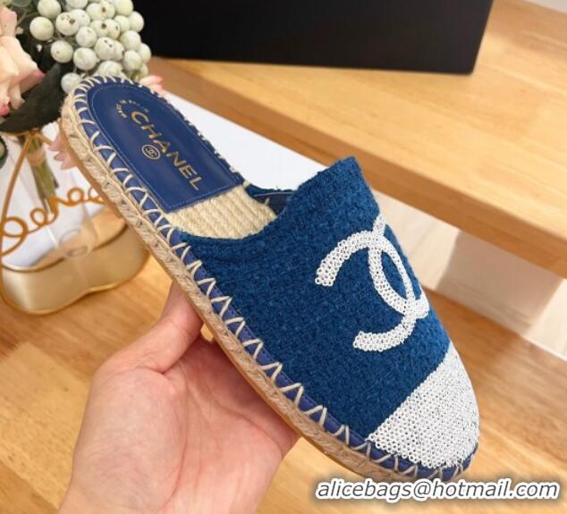 Youthful Chanel Tweed & Sequins Espadrilles Flat Mules G45602 Dark Blue 424197