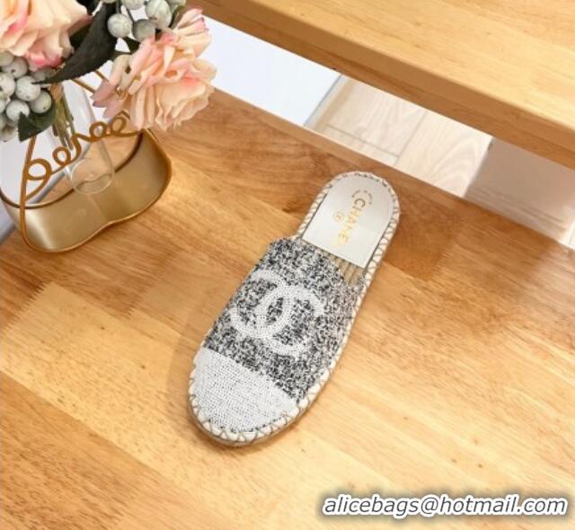 Discount Chanel Tweed & Sequins Espadrilles Flat Mules G45602 White/Black 424198