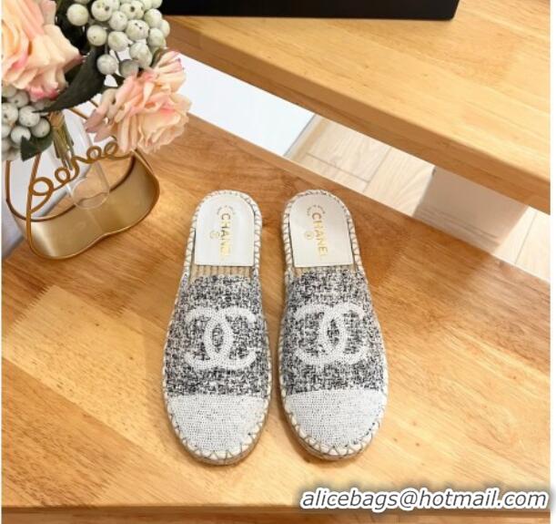 Discount Chanel Tweed & Sequins Espadrilles Flat Mules G45602 White/Black 424198