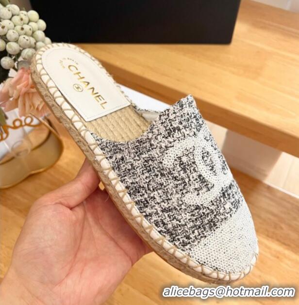 Discount Chanel Tweed & Sequins Espadrilles Flat Mules G45602 White/Black 424198