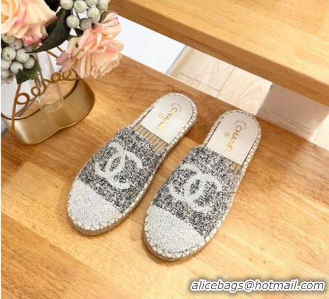 Discount Chanel Tweed & Sequins Espadrilles Flat Mules G45602 White/Black 424198