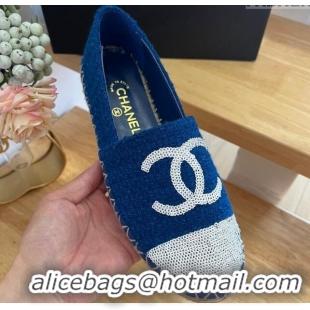 Top Grade Chanel Tweed & Sequins Espadrilles Flats G45602 Dark Blue 424200