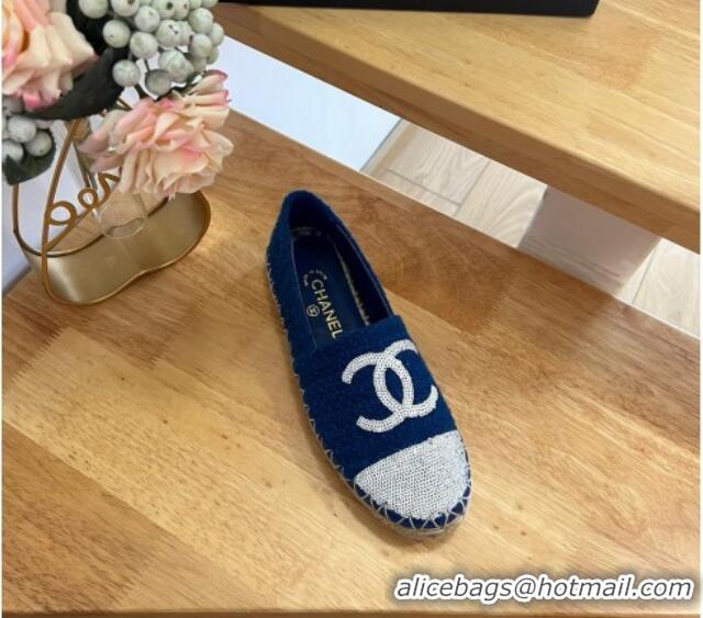 Top Grade Chanel Tweed & Sequins Espadrilles Flats G45602 Dark Blue 424200