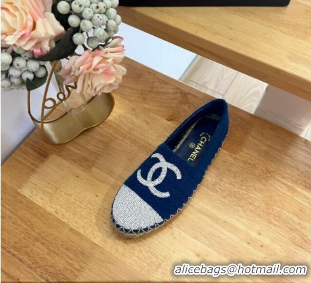 Top Grade Chanel Tweed & Sequins Espadrilles Flats G45602 Dark Blue 424200