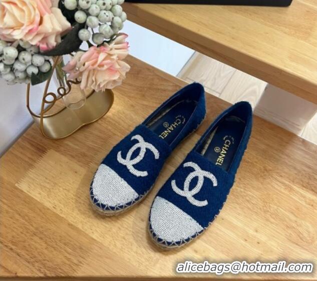 Top Grade Chanel Tweed & Sequins Espadrilles Flats G45602 Dark Blue 424200