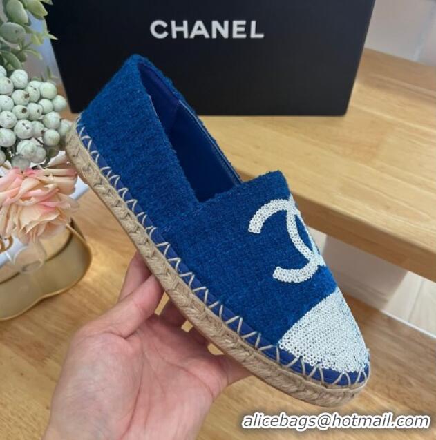 Top Grade Chanel Tweed & Sequins Espadrilles Flats G45602 Dark Blue 424200