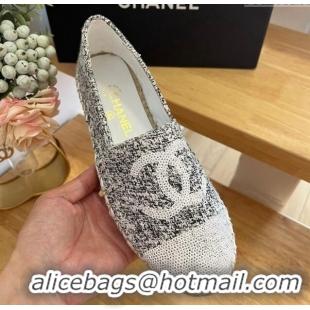 Stylish Chanel Tweed & Sequins Espadrilles Flats G45602 Black/White 424201