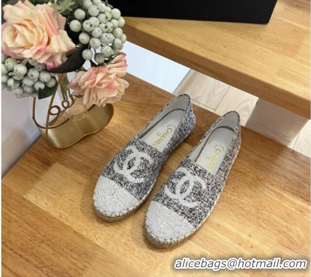 Stylish Chanel Tweed & Sequins Espadrilles Flats G45602 Black/White 424201