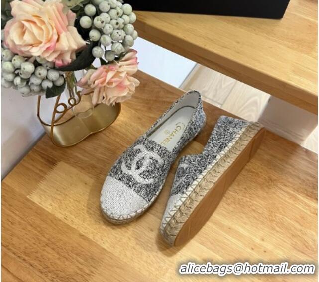 Stylish Chanel Tweed & Sequins Espadrilles Flats G45602 Black/White 424201