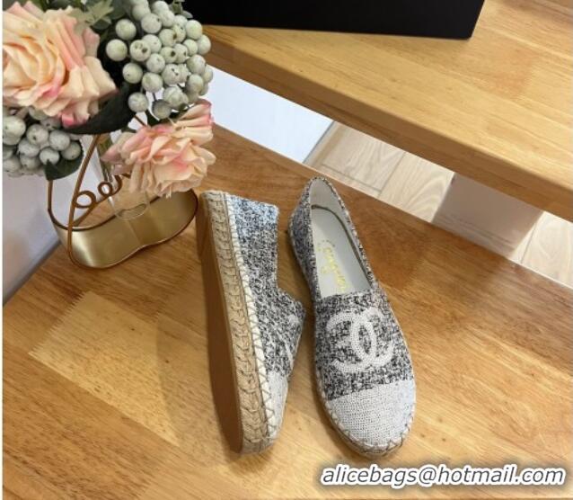 Stylish Chanel Tweed & Sequins Espadrilles Flats G45602 Black/White 424201