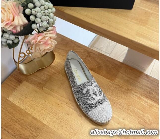 Stylish Chanel Tweed & Sequins Espadrilles Flats G45602 Black/White 424201