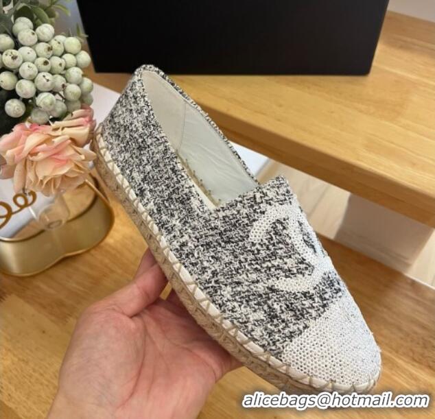 Stylish Chanel Tweed & Sequins Espadrilles Flats G45602 Black/White 424201