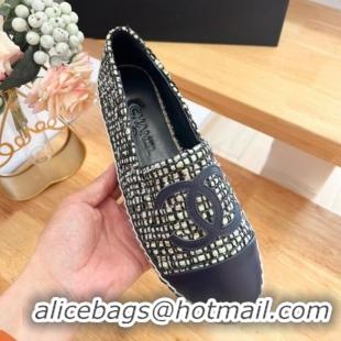 Pretty Style Chanel Tweed & Lambskin Espadrilles Flats G29762 Dark Blue 424205