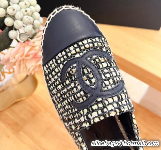 Pretty Style Chanel Tweed & Lambskin Espadrilles Flats G29762 Dark Blue 424205