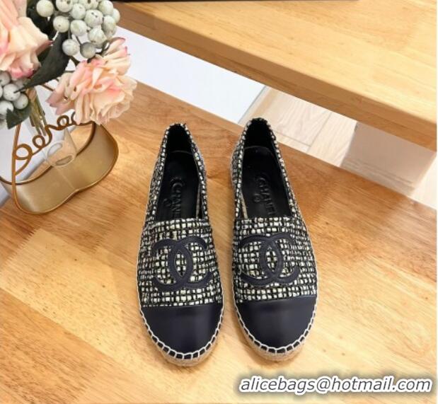 Pretty Style Chanel Tweed & Lambskin Espadrilles Flats G29762 Dark Blue 424205