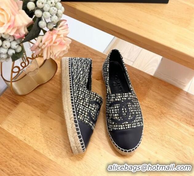 Pretty Style Chanel Tweed & Lambskin Espadrilles Flats G29762 Dark Blue 424205