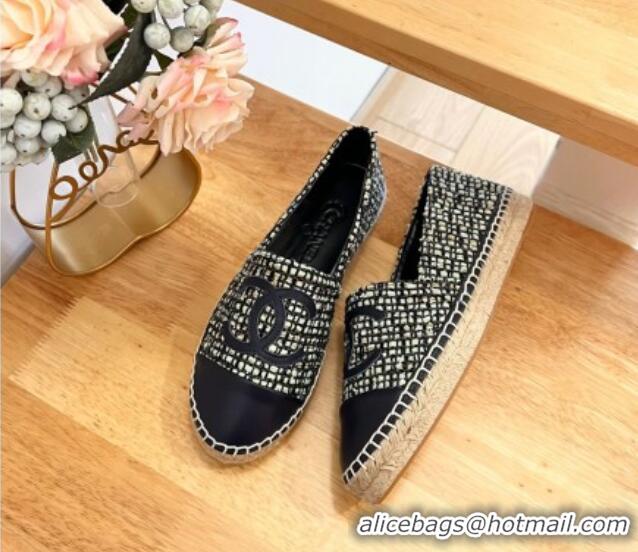 Pretty Style Chanel Tweed & Lambskin Espadrilles Flats G29762 Dark Blue 424205