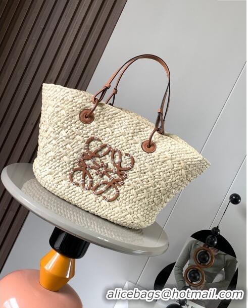 Original Cheap Loewe Anagram Basket Bag in Iraca Palm and Calfskin 8008 Beige/Brown 2024