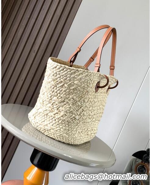 Original Cheap Loewe Anagram Basket Bag in Iraca Palm and Calfskin 8008 Beige/Brown 2024