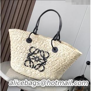 Unique Grade Loewe Anagram Basket Bag in Iraca Palm and Calfskin 8008 Beige/Black 2024