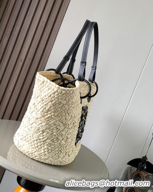 Unique Grade Loewe Anagram Basket Bag in Iraca Palm and Calfskin 8008 Beige/Black 2024