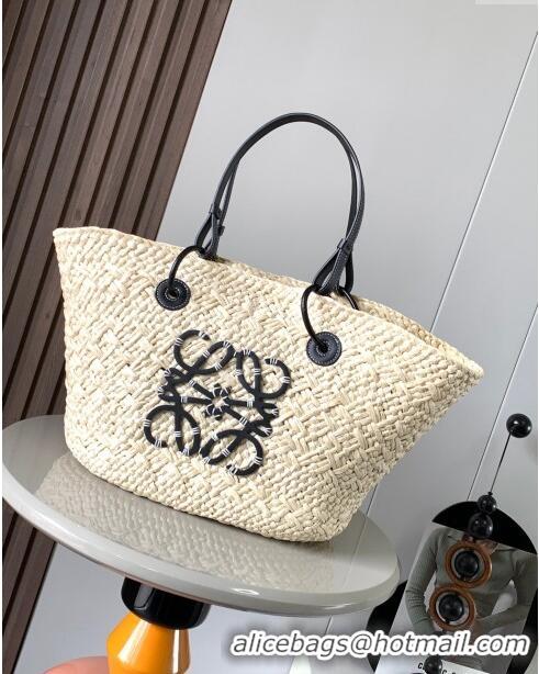 Unique Grade Loewe Anagram Basket Bag in Iraca Palm and Calfskin 8008 Beige/Black 2024