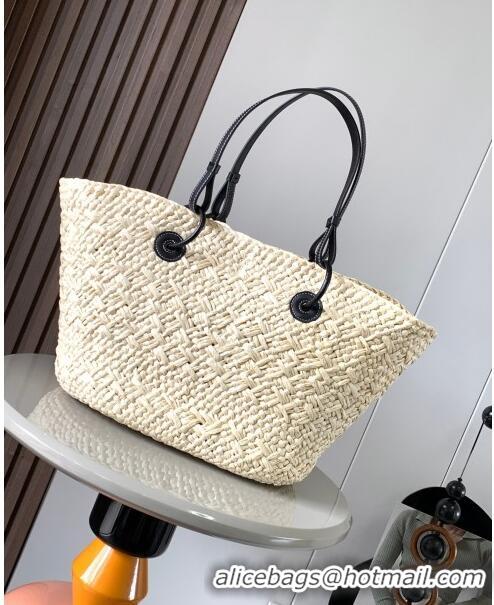 Unique Grade Loewe Anagram Basket Bag in Iraca Palm and Calfskin 8008 Beige/Black 2024