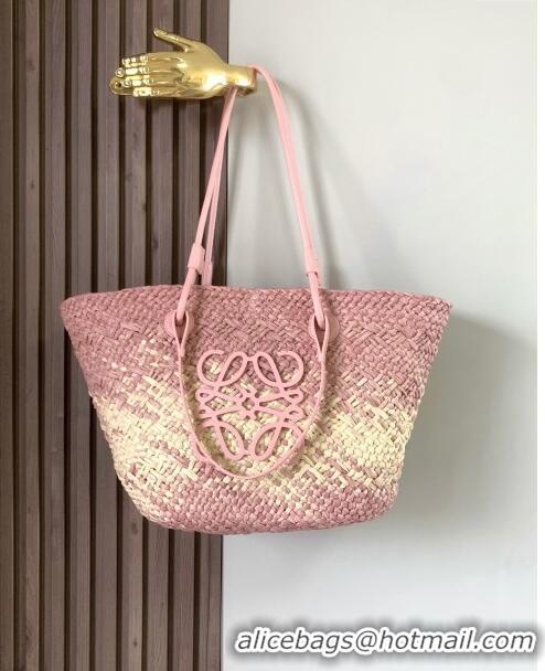 Top Quality Loewe Anagram Basket Bag in Iraca Palm and Calfskin 8008 Pink 2024