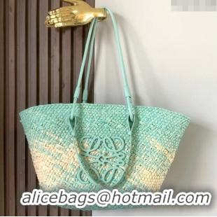 Grade Design Loewe Anagram Basket Bag in Iraca Palm and Calfskin 8008 Mint Green 2024