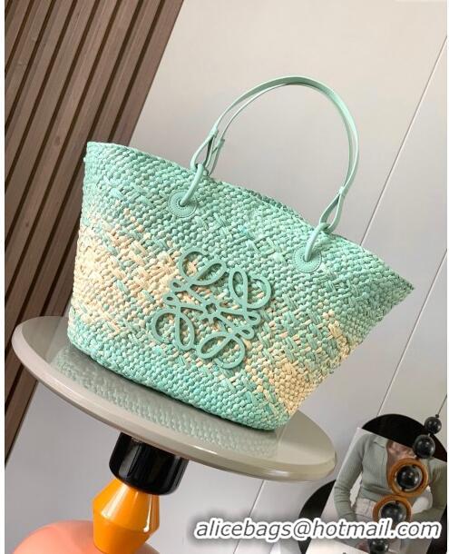 Grade Design Loewe Anagram Basket Bag in Iraca Palm and Calfskin 8008 Mint Green 2024