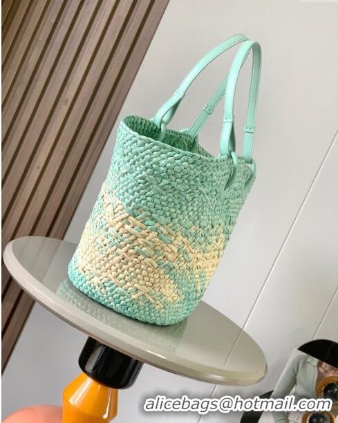 Grade Design Loewe Anagram Basket Bag in Iraca Palm and Calfskin 8008 Mint Green 2024