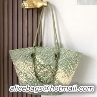 New Design Loewe Anagram Basket Bag in Iraca Palm and Calfskin 8008 Olive Green 2024