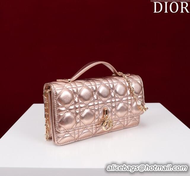 Luxury Cheap Dior My Dior Mini Bag in Cannage Metalic Lambskin 0980 Pink Gold 2024