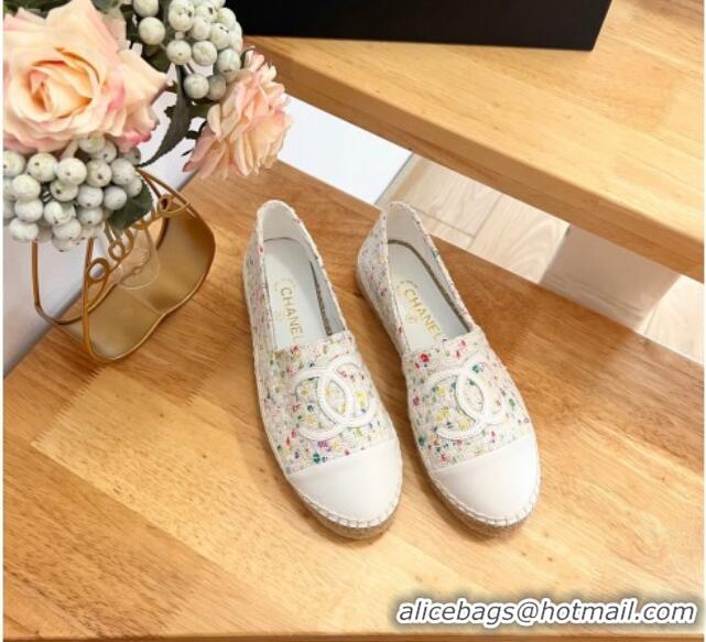 Top Design Chanel Tweed & Lambskin Espadrilles Flats G29762 White/Others 424210