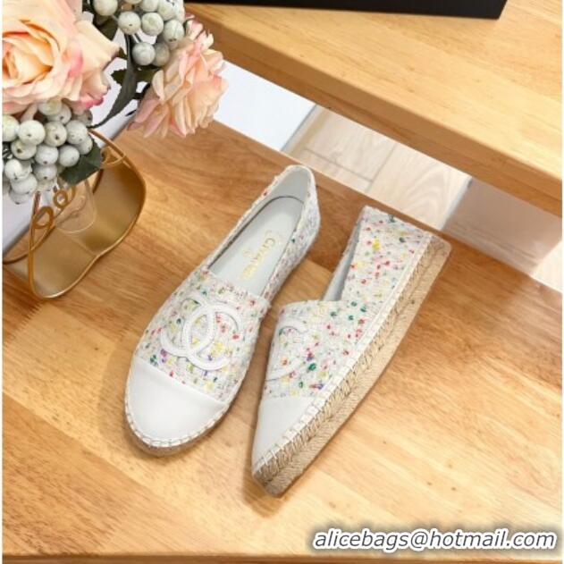 Top Design Chanel Tweed & Lambskin Espadrilles Flats G29762 White/Others 424210